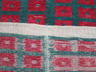 Central Anatolia...Vintage ( pre-40s) Karapinar Tulu......looped technique, in (2) pieces joined....3'6" x 5'5"( 107cm x 165 )....aniline dyes..wool and angora goat hair...condition as found and shown.       