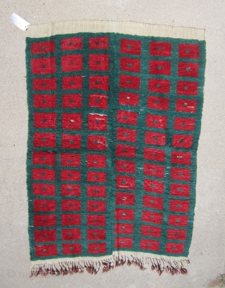 Central Anatolia...Vintage ( pre-40s) Karapinar Tulu......looped technique, in (2) pieces joined....3'6" x 5'5"( 107cm x 165 )....aniline dyes..wool and angora goat hair...condition as found and shown.       