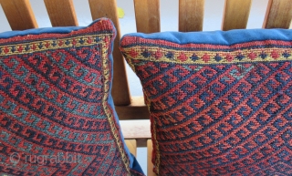 West Persian ( Bijar ) Kurdish saddlebag Pillows...late 19th....sumack weave...all vegetal dyes...excellent condition....cotton velour backing....13" x 16" (33 x 40 cm )           