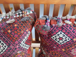 Kurdish Saddlebag pillows....East Anatolian...circa 1875....19" x 22" each
(48cm x 56cm ).....wool on wool with cotton highlights & 'wish' tassels .....reciprocal brocading ,sumac weaves....all vegetal and insect dyes....unused 'box' condition as shown . 