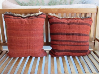 Kurdish Saddlebag pillows....East Anatolian...circa 1875....19" x 22" each
(48cm x 56cm ).....wool on wool with cotton highlights & 'wish' tassels .....reciprocal brocading ,sumac weaves....all vegetal and insect dyes....unused 'box' condition as shown . 