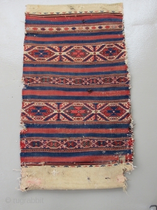 Northwest Anatolian cuval....Bergama-Balikesir area....c. 1875....22"x 39"
(55cm x 100cm )...all wool / vegetal dyes....reciprocal brocading , sumac, cicim...quite good condition as shown.            