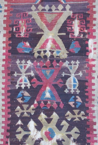 Prayer Kilim fragment....Central Anatolia ( Yesilova ? )...before 1825....professionally mounted on linen....frag size/ 2'4" x 4'2" (70cm x 130cm ) excellent patinated vegetal dyes....
condition as shown .      