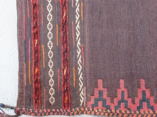 Balouch Kilim Sofra.....circa 1930....2-pieces joined....5'9" x 5'9" ( 175 x 175 cm )...mixed weaving techniques...all wool...vegetal dyes / very small amounts of analine orange and fuchsine in the end panels.... excellent condition  ...