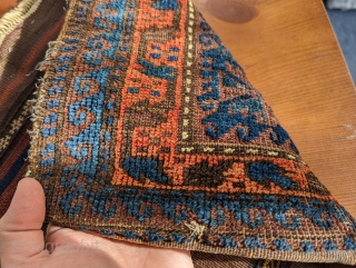 Timuri Baluch chanteh. The light blues really shine in the light. Good soft wool and oxidized browns. 1'5" x 1'9". Contact me at: steven.malloch@gmail.com or gerrerugs@gmail.com       