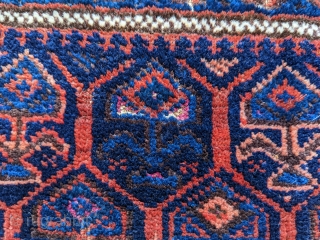Antique Timuri Baluch bag face with silk highlights. Great colors and full pile, ends secured. 1'8" x 2'1"               
