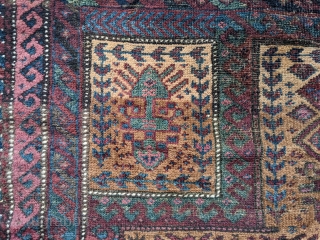 Great colors on this antique Baluch prayer rug. The field is certainly camel wool and all natural dyes throughout. Folds like a cloth. 3'0" x 5'6" or 91 x 166cm.   
