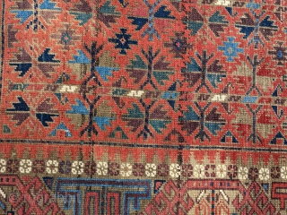 Symmetrical knotted 19th century Bahluli Baluch with a very wide range of colors. Original sides and no repairs. 3'3" x 5'4" or 162 x 99cm.        