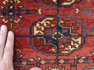 19th century Tekke wedding rug. Former Jim Dixon collection. Unusual elems. Good pile, some cochineal in a handful of guls. 3'8" x 4'6" or 112 x 138cm.      