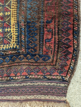 Antique Baluch prayer rug with complete ends. Beautiful wool and floppy handle. Original selvedge and no repairs. 3'6" x 4'7" or 107 x 140cm         