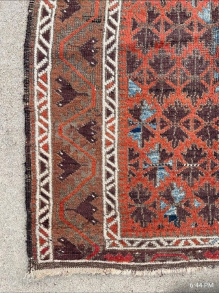 Antique symmetrically knotted Baluch rug with 11 colors and a striking light blue. The bottom edge wasn't cut, the weaver decided to shorten the two outer borders. No holes. 

2'8" x 5'0"  ...