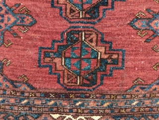 19th century Ali Eli Lebab Turkmen chuval from the Middle Amu Darya region. Beautiful colors on this one. Three patches on the top portion. Love the small motifs on the left side  ...