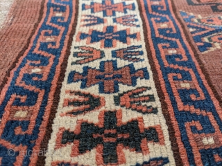 Nice 19th century Yomud chuval with good colors, indigo, green, and highlights of yellow. No holes or repairs besides the usual top corners where the draw strings would have been. These were  ...