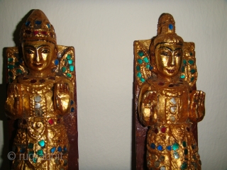 Rare, Antique 19thCentury Burmese Male & Female Guardian Spirit ("Nat") wooden satuettes. Lacquered, Gold-gilt with coloured mirror-glass inlay. Made as handles for a Prayer chamber door and/or cupboard for storing religious articles.  ...