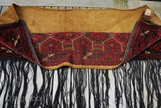 Turkmen (Saryk?) torba with Kejebe design, complete with back and fringe, 44 x 125 cm (+ fringe 35 cm), rather good condition           