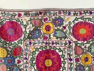 A fabulous and vibrant antique Uzbek silk embroidered suzani from Shahrisabz region dating between 1900- early 1920’s. It has beautiful chain stitch silk embroidery on a cotton ground fabric. The design is  ...