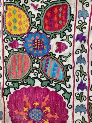 A fabulous and vibrant antique Uzbek silk embroidered suzani from Shahrisabz region dating between 1900- early 1920’s. It has beautiful chain stitch silk embroidery on a cotton ground fabric. The design is  ...