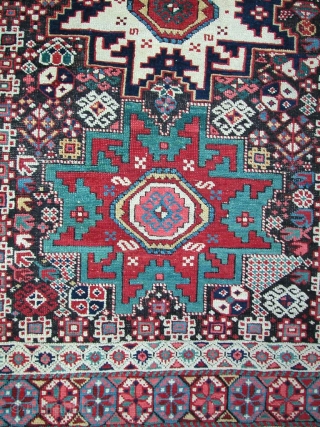 Beautiful Leshgi Rug, 3rd Qt. 19th century. Nice large format, 6'9" x 4' 0". Some small reweaves to corroded browns, otherwise excellent condition with original sides and ends. All natural dyes.  