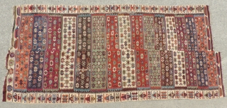 This 19th Century Reyhanli Kilim has beautiful saturated, naturally dyed colors and is in decent condition with some wear and repairs. Size: 64 x 140 inches.  As is condition - Reasonable. 