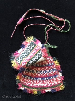 Knitters. Two fine perfect condition Bolivian knit bags. 19th century.  Beautiful soft, lustrous alpaca yarns. Size 6.5 x 5.5 inches (small bag) and  7.5 x 6.5 inches for the larger  ...