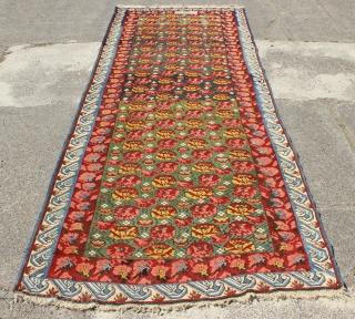 Dated green field Seychour runner in full pile. 3'10" x 11'2"                      