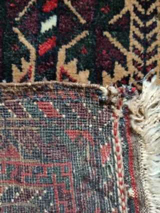 Baluch balisht.  Very saturated colors and great wools.  Condition is a bit rough on the edges, but otherwise has good pile.

See https://photos.app.goo.gl/uL6epPzjVU3tiWPr8 for higher resolution photos.     