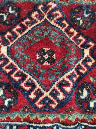 Shiraz bag with full pile and great wool.  Warps are a mix of light- and dark-colored hair (see second photo).  Top of bag shows some loss, and a crude repair  ...