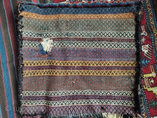 Shiraz bag with full pile and great wool.  Warps are a mix of light- and dark-colored hair (see second photo).  Top of bag shows some loss, and a crude repair  ...