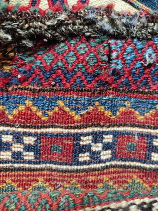 Shiraz bag with full pile and great wool.  Warps are a mix of light- and dark-colored hair (see second photo).  Top of bag shows some loss, and a crude repair  ...