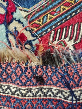 Shiraz bag with full pile and great wool.  Warps are a mix of light- and dark-colored hair (see second photo).  Top of bag shows some loss, and a crude repair  ...