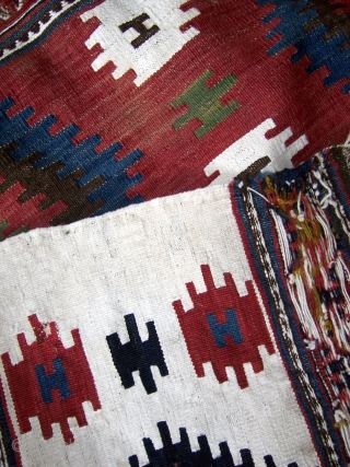 Mafrash side panel.  Classic design with all natural dyes and cotton for the whites.  Good overall condition with slight areas of wear and a few repairs (see last photo)  