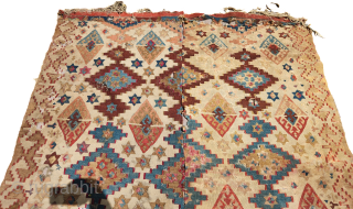 Early Anatolian kilim with great colors,some condition issues,good age and design.Size 6'10"*5'.E.mail for more info and pics.                