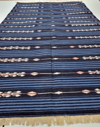 An Rare And Unique Jail Dhurrie, Indigo Blue and Light Blue with White Minaras striped Dhurrie , Hand Spun Cotton From Bikaner ,Rajasthan , India. India.

These Kinds Of Jail Dhurrie’s Were Made  ...