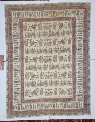 Persian Kalamkari Hand-Drawn Mordant-And Resist-Dyed Cotton, From Persia , Iran.

Several royal figures of all types of occupations and garbs are featured interacting with each other. Alongside these figures are numerous mythological beasts,  ...