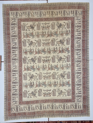 Persian Kalamkari Hand-Drawn Mordant-And Resist-Dyed Cotton, From Persia , Iran.

Several royal figures of all types of occupations and garbs are featured interacting with each other. Alongside these figures are numerous mythological beasts,  ...