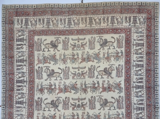 Persian Kalamkari Hand-Drawn Mordant-And Resist-Dyed Cotton, From Persia , Iran.

Several royal figures of all types of occupations and garbs are featured interacting with each other. Alongside these figures are numerous mythological beasts,  ...