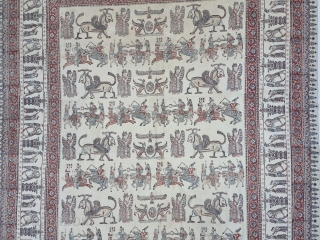 Persian Kalamkari Hand-Drawn Mordant-And Resist-Dyed Cotton, From Persia , Iran.

Several royal figures of all types of occupations and garbs are featured interacting with each other. Alongside these figures are numerous mythological beasts,  ...