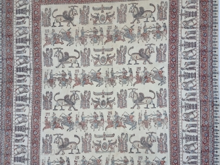 Persian Kalamkari Hand-Drawn Mordant-And Resist-Dyed Cotton, From Persia , Iran.

Several royal figures of all types of occupations and garbs are featured interacting with each other. Alongside these figures are numerous mythological beasts,  ...