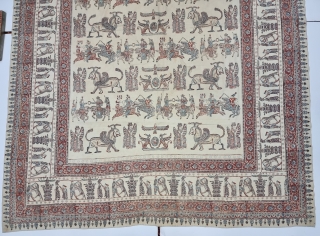 Persian Kalamkari Hand-Drawn Mordant-And Resist-Dyed Cotton, From Persia , Iran.

Several royal figures of all types of occupations and garbs are featured interacting with each other. Alongside these figures are numerous mythological beasts,  ...