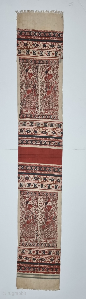 Ceremonial "Maa" Textiles Depicting Celestial Musicians, Hand Block-Printed on thick Cotton, Made in Indonesia for the Local Market.
Exported to the South-East Asian Market.
Toraja people (Sulawesi, Indonesia).

C.1900-1925.
Its size is 34cmX205cm (20230218_142943).
      