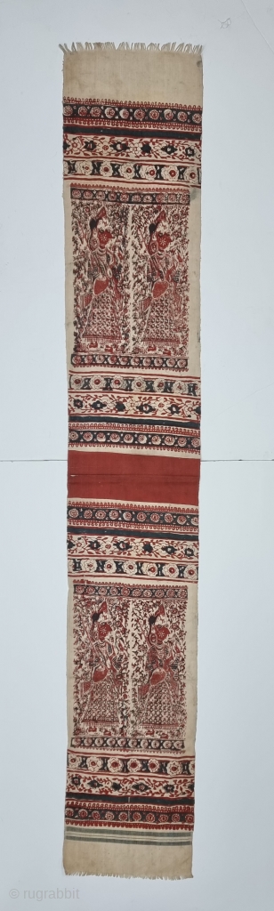 Ceremonial "Maa" Textiles Depicting Celestial Musicians, Hand Block-Printed on thick Cotton, Made in Indonesia for the Local Market.
Exported to the South-East Asian Market.
Toraja people (Sulawesi, Indonesia).

C.1900-1925.
Its size is 34cmX205cm (20230218_142943).
      