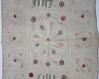 An Very Fine Folk Embroidery Kantha Quilted and embroidered cotton kantha Probably From East Bengal(Bangladesh) region, India.

C.1875 -1900

Its size is 78cmX98cm(20221226_150052).            