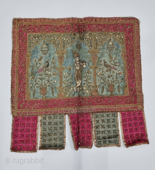 Ceremonial Temple Hanging Pichwai Toran (Wall Decoration) From Northern India. India. Real Zari Zardozi Embroidery on Silk With real Zari Gota work Fringed. Showing Krishna ,Kalap Virishak (Tree) with Peacock.

C.1900.

Its size is  ...