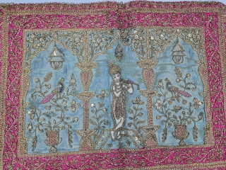 Ceremonial Temple Hanging Pichwai Toran (Wall Decoration) From Northern India. India. Real Zari Zardozi Embroidery on Silk With real Zari Gota work Fringed. Showing Krishna ,Kalap Virishak (Tree) with Peacock.

C.1900.

Its size is  ...