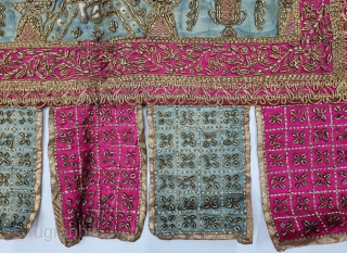 Ceremonial Temple Hanging Pichwai Toran (Wall Decoration) From Northern India. India. Real Zari Zardozi Embroidery on Silk With real Zari Gota work Fringed. Showing Krishna ,Kalap Virishak (Tree) with Peacock.

C.1900.

Its size is  ...