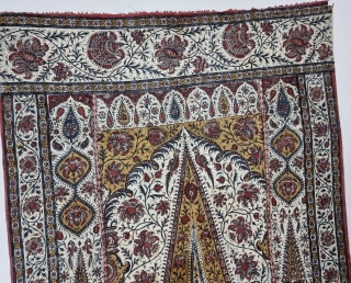 Kalamkari Palampore from South India. India. 
Hand-Drawn Mordant-And Resist-Dyed Cotton, with exotic birds, peacocks, tigers, stylized mountain and cypress trees all within mihrab.

Made for Export Market, 

Late 19th Early 20th Century. 

Its  ...