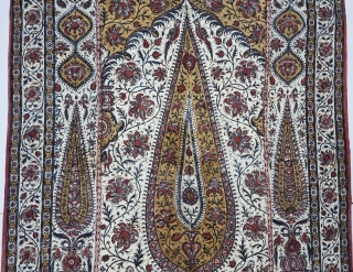 Kalamkari Palampore from South India. India. 
Hand-Drawn Mordant-And Resist-Dyed Cotton, with exotic birds, peacocks, tigers, stylized mountain and cypress trees all within mihrab.

Made for Export Market, 

Late 19th Early 20th Century. 

Its  ...