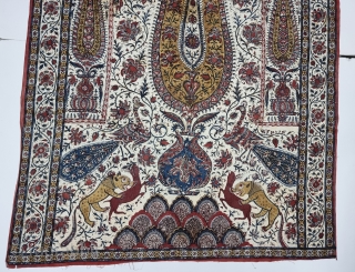 Kalamkari Palampore from South India. India. 
Hand-Drawn Mordant-And Resist-Dyed Cotton, with exotic birds, peacocks, tigers, stylized mountain and cypress trees all within mihrab.

Made for Export Market, 

Late 19th Early 20th Century. 

Its  ...