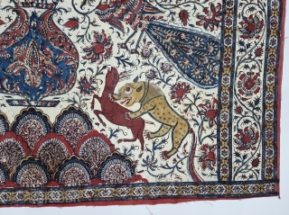 Kalamkari Palampore from South India. India. 
Hand-Drawn Mordant-And Resist-Dyed Cotton, with exotic birds, peacocks, tigers, stylized mountain and cypress trees all within mihrab.

Made for Export Market, 

Late 19th Early 20th Century. 

Its  ...