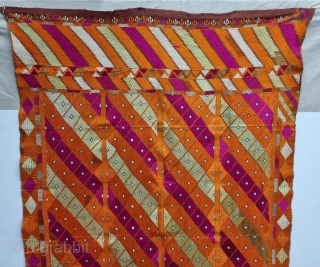 An Unique Bagh-Phulkari From East (Punjab) India. Floss Silk on Hand Spun Cotton khaddar Cloth. 

Late 19th Century. 

Its size is 138cmX215cm

(20230325_115225).           